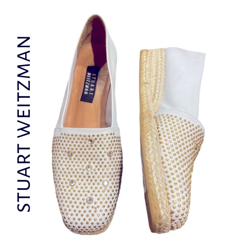 Stuart Weitzman White and Gold Studded Espadrilles